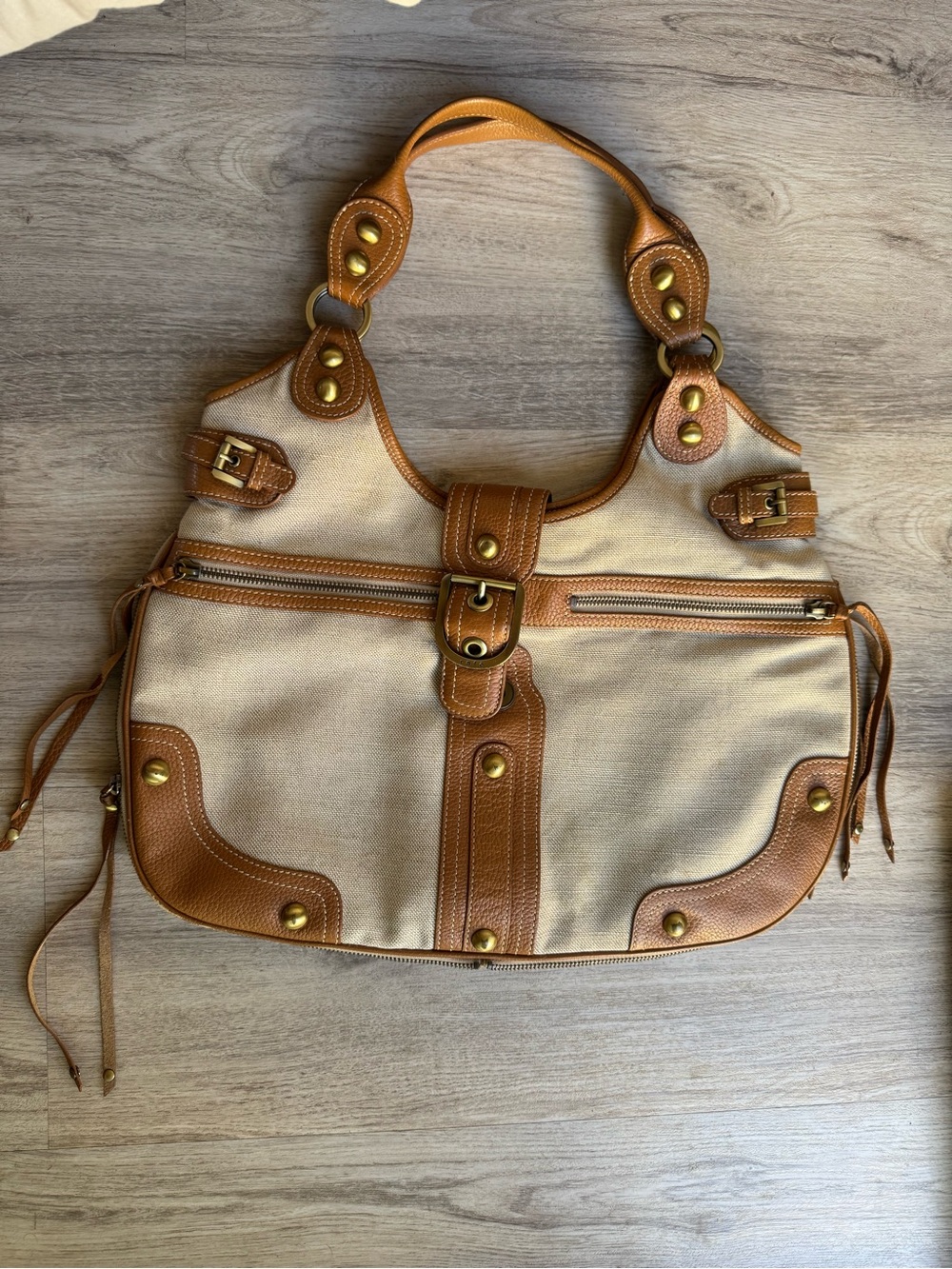 Canvas and Tan Leather Shoulder Bag with Gold Hardware - Rafe New York